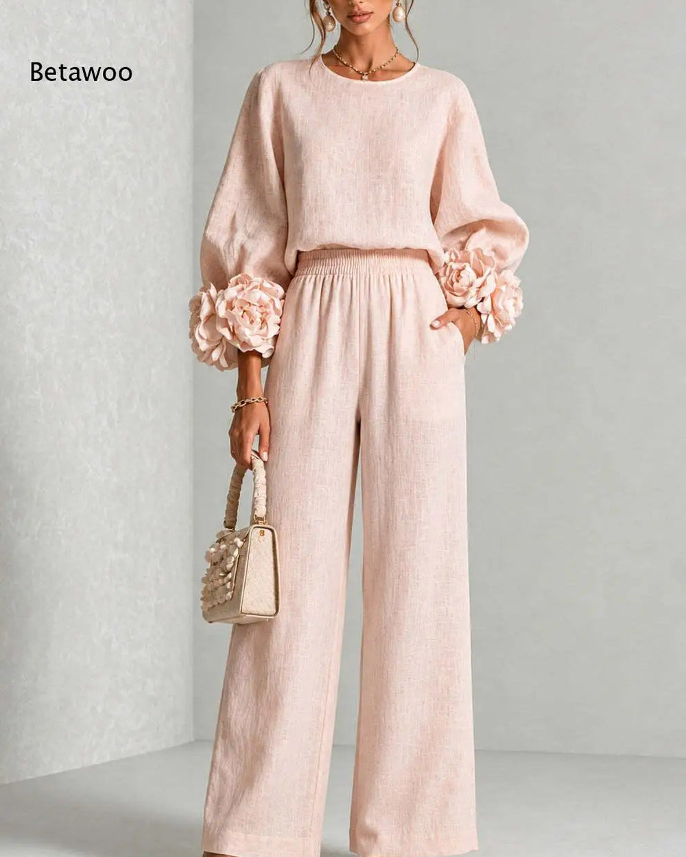 Two-Piece Floral Cuff Top Wide-Leg Pants Set