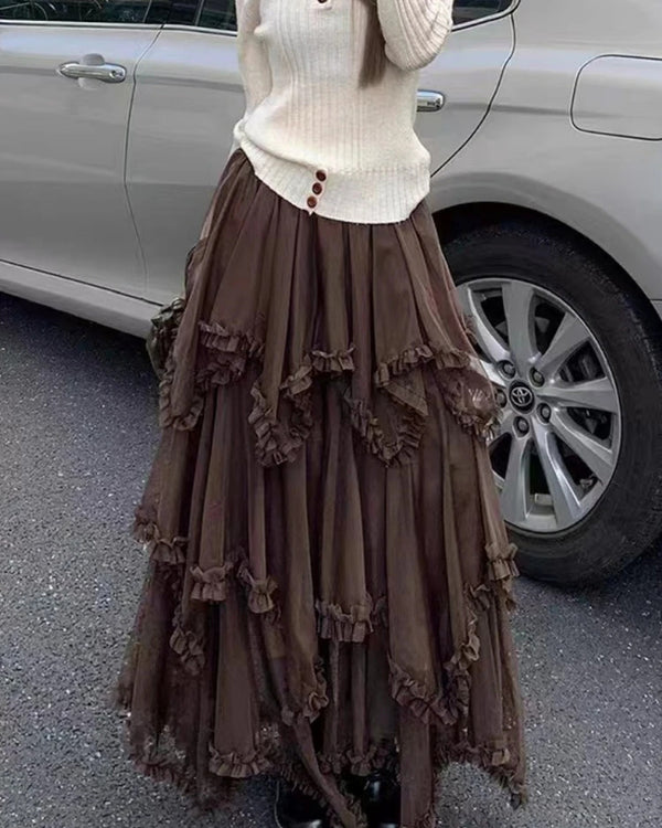 Brown Tiered Ruffle Maxi Skirt