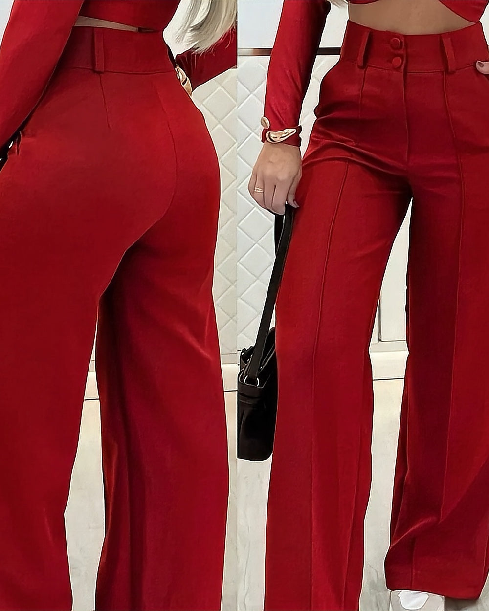 High-Waist Wide-Leg Tailored Trousers – Red