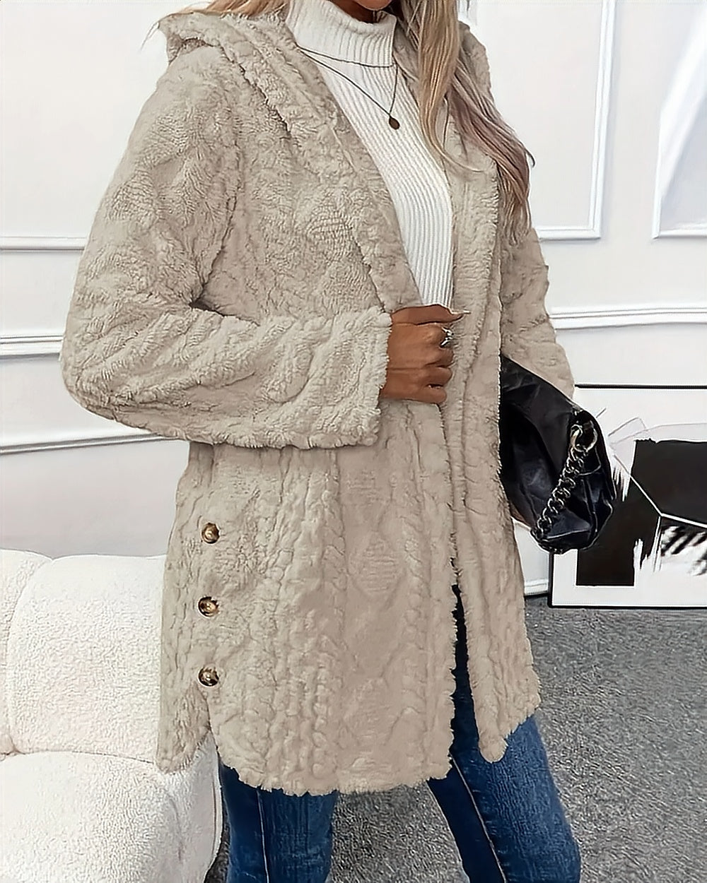 Cable-Texture Teddy Hooded Jacket – Oatmeal