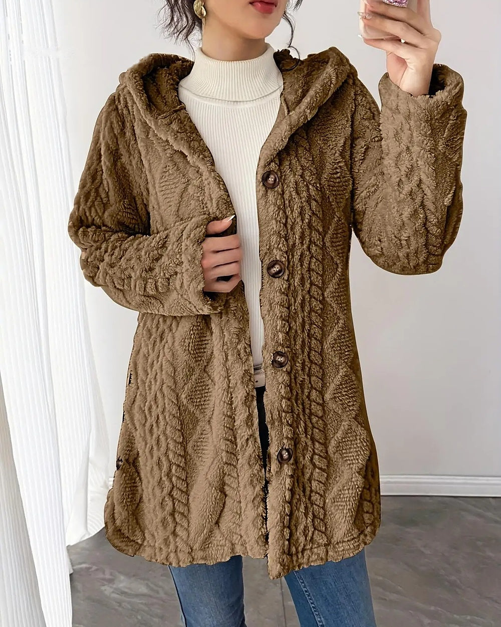 Cable-Texture Teddy Hooded Jacket – Camel