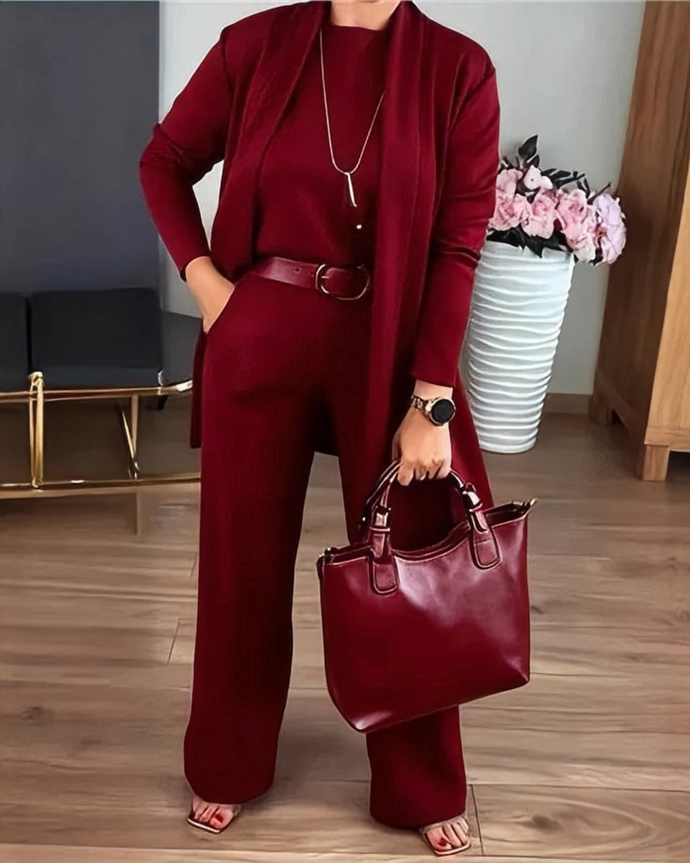 Three-Piece Knit Co-ord Set – Burgundy