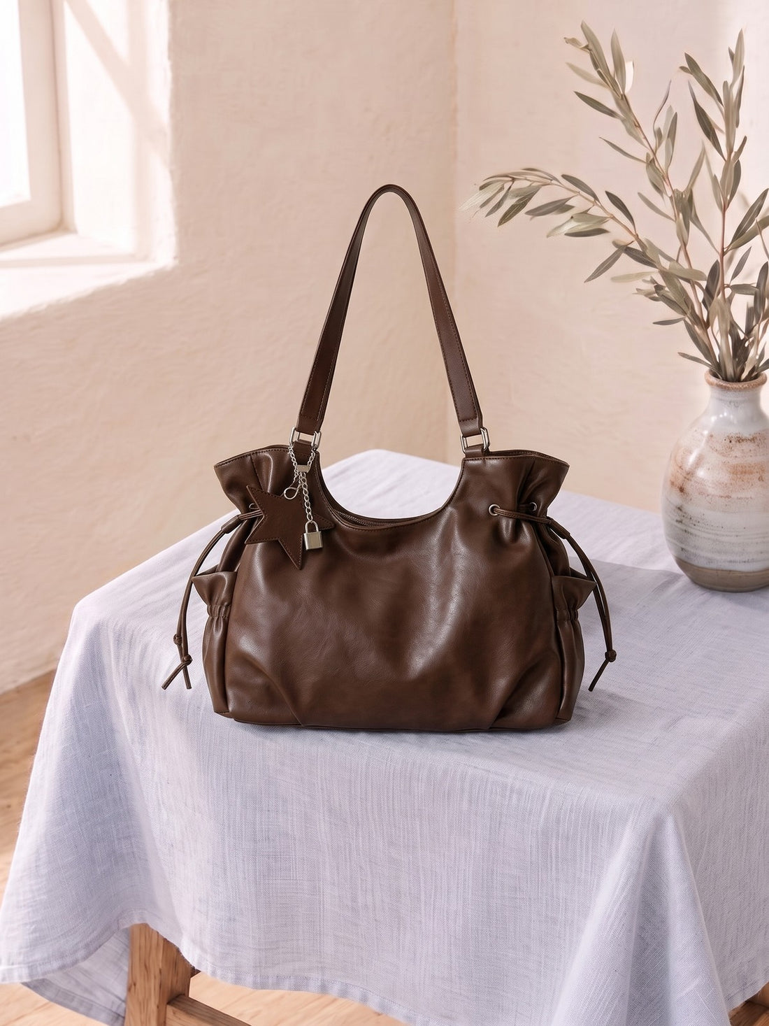Vintage Leather Shoulder Tote Bag on a linen-covered stool
