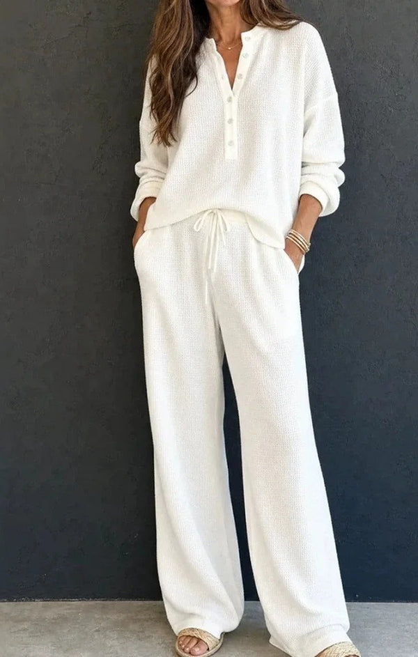 Waffle-Knit Long-Sleeve Loungewear Set