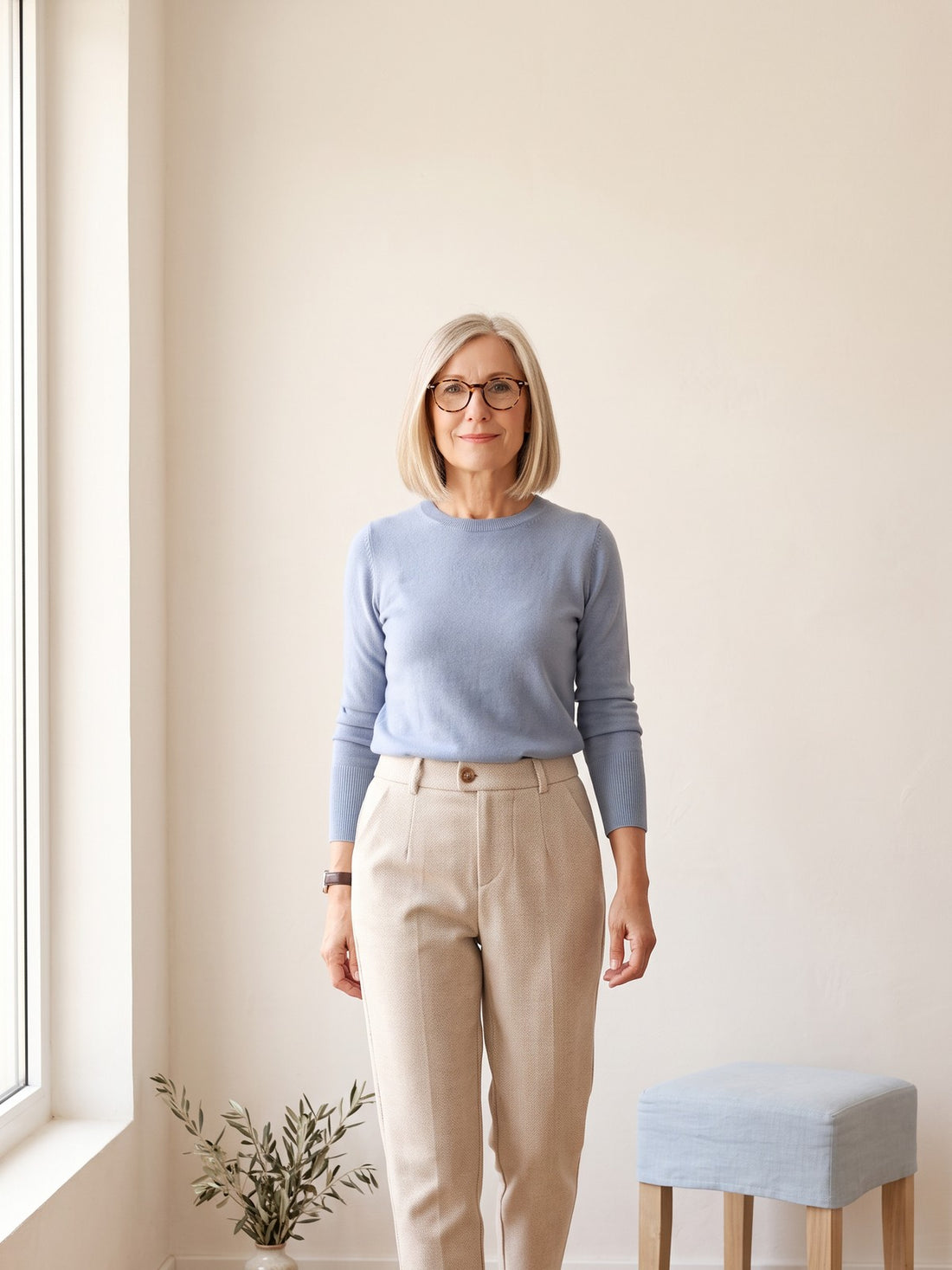 Woman wearing the Wool-Blend Tapered Trousers