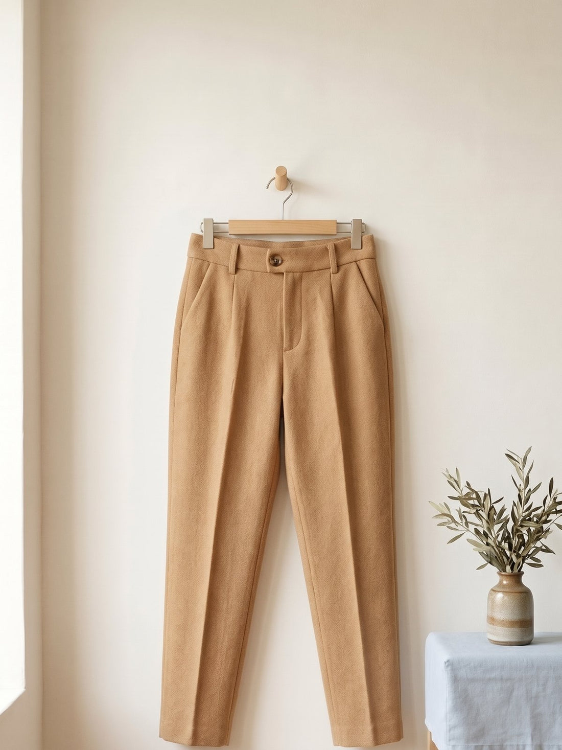 Wool-Look Tapered Trousers in Camel