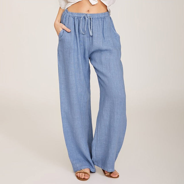 Chambray Drawstring Wide-Leg Trousers