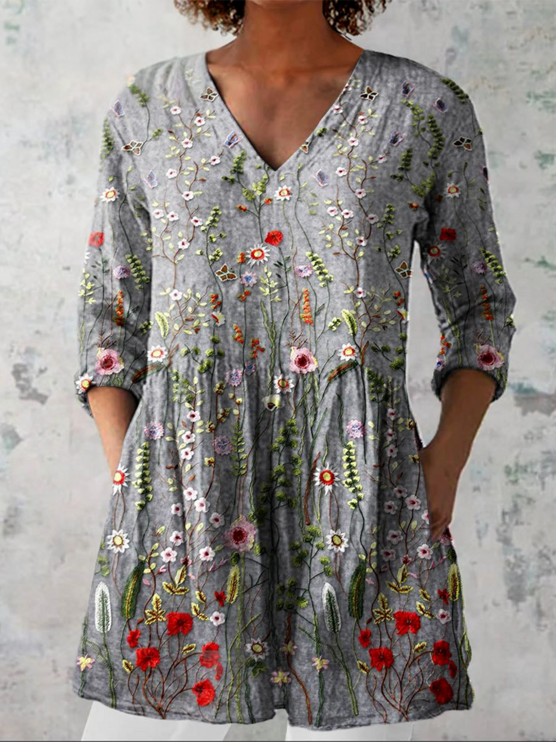 Grey Wildflower V-Neck Blouse