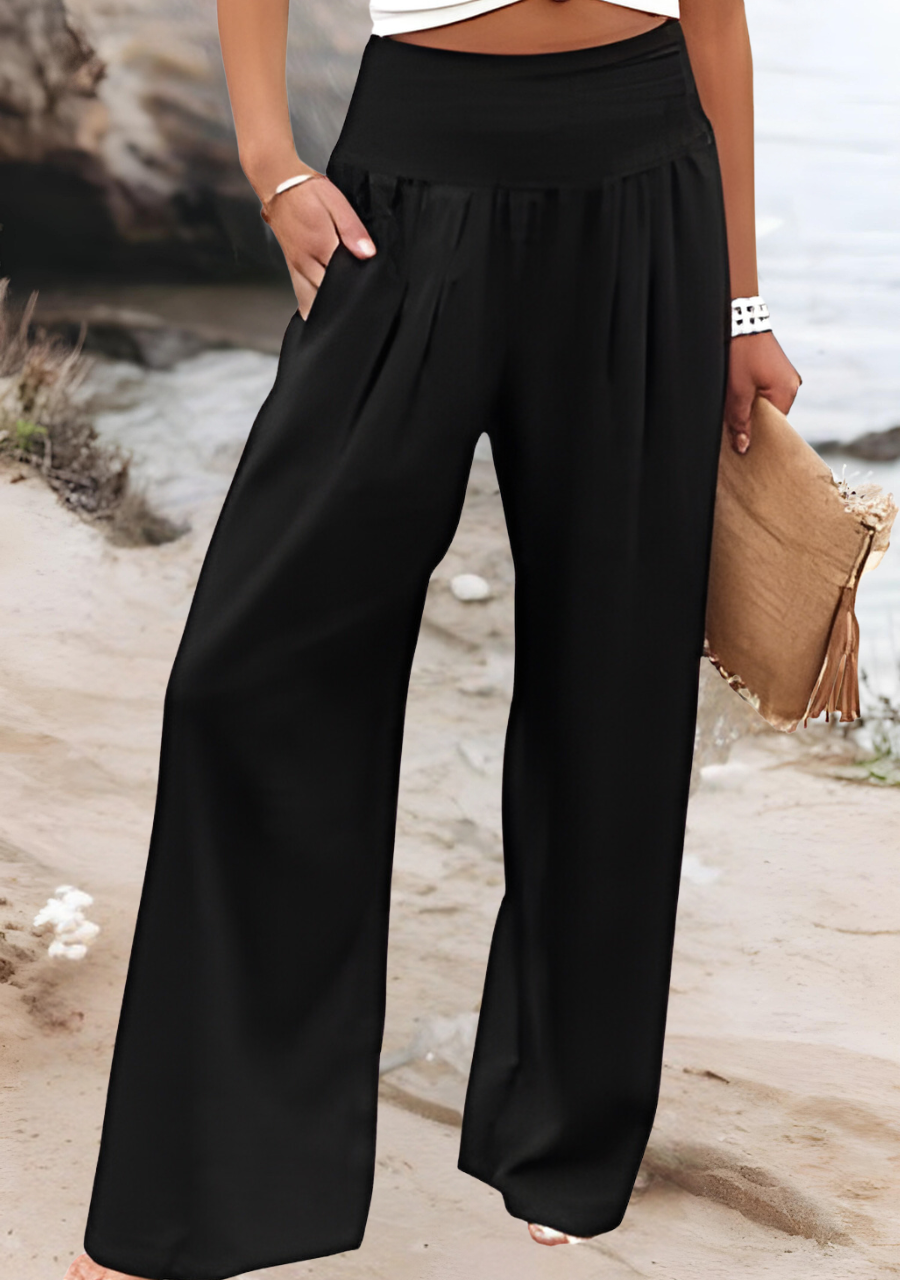 Smocked-Waist Wide-Leg Linen-Look Trousers