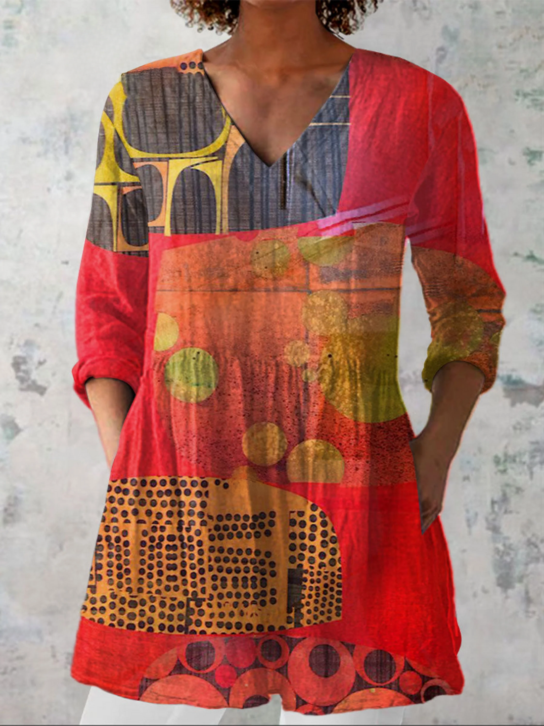Red Abstract Patchwork Blouse