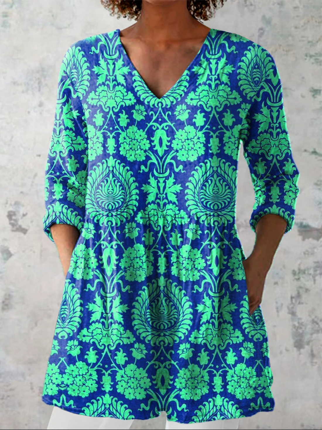Turquoise Paisley V-Neck Blouse