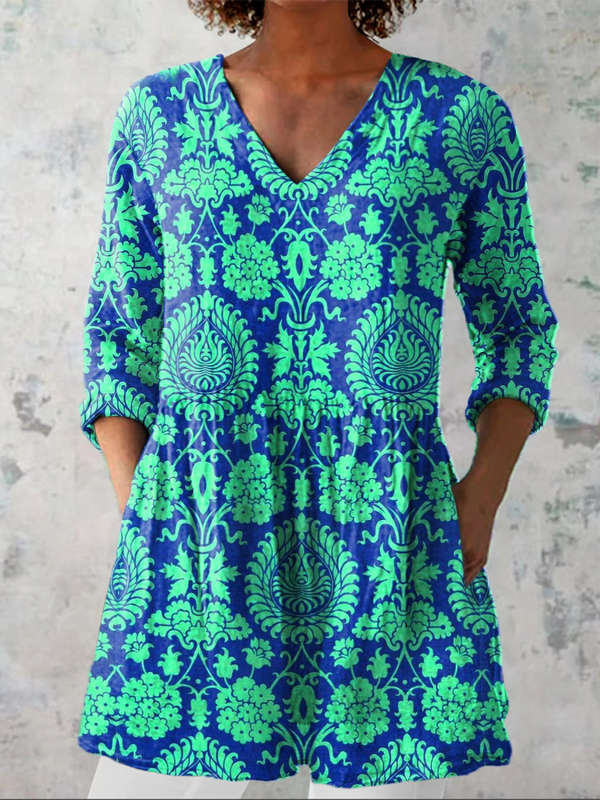 Turquoise Paisley V-Neck Blouse