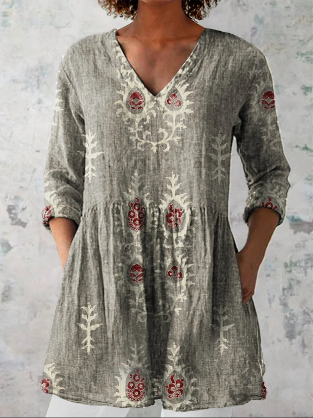 Folk Print V-Neck Blouse
