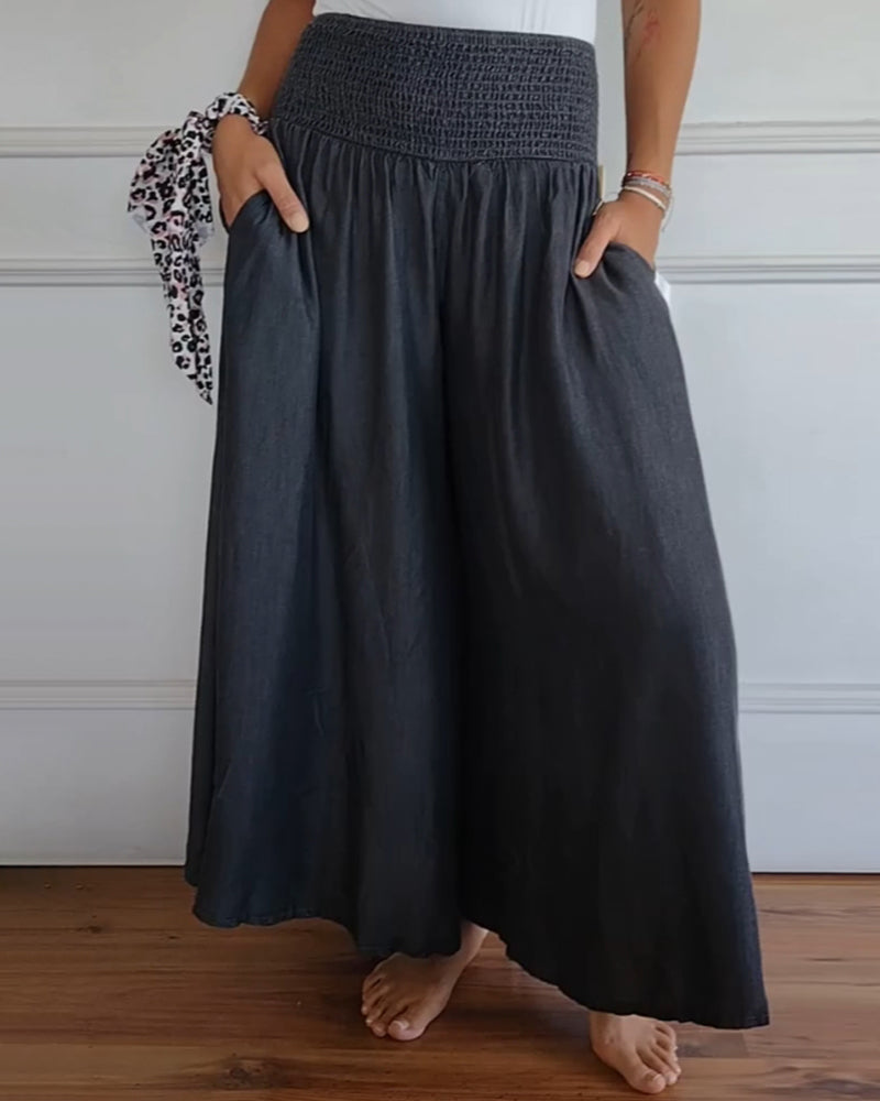 Smocked-Waist Palazzo Trousers