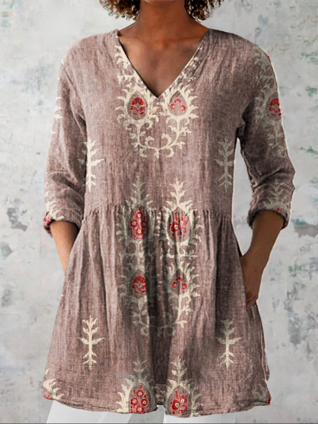 Folk Print V-Neck Blouse