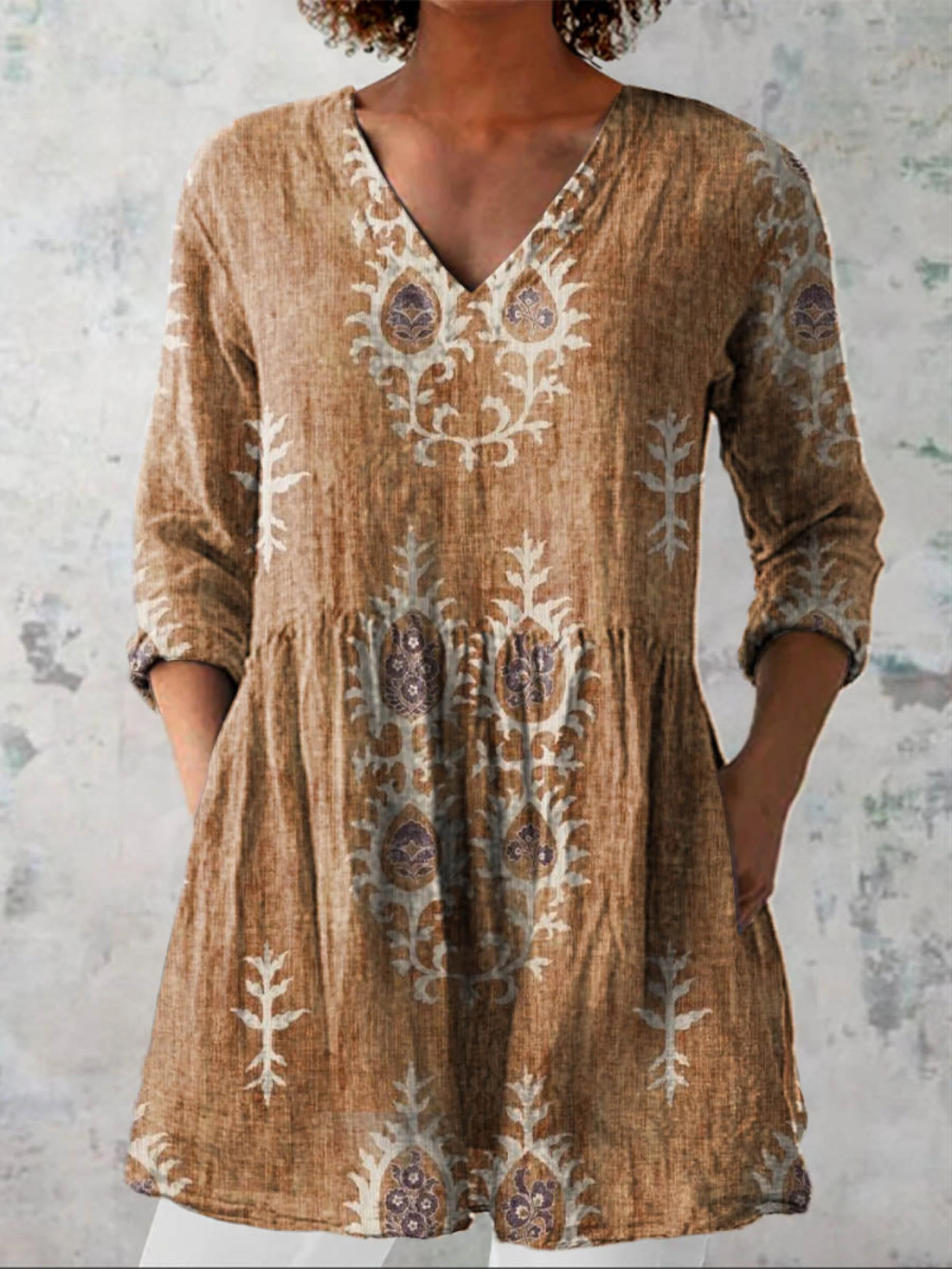 Folk Print V-Neck Blouse