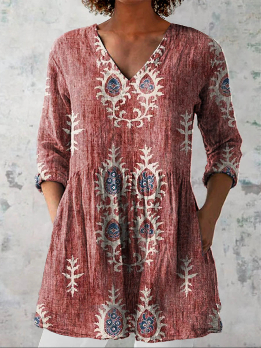 Folk Print V-Neck Blouse