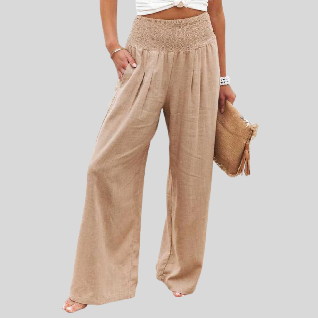 Smocked-Waist Wide-Leg Linen-Look Trousers