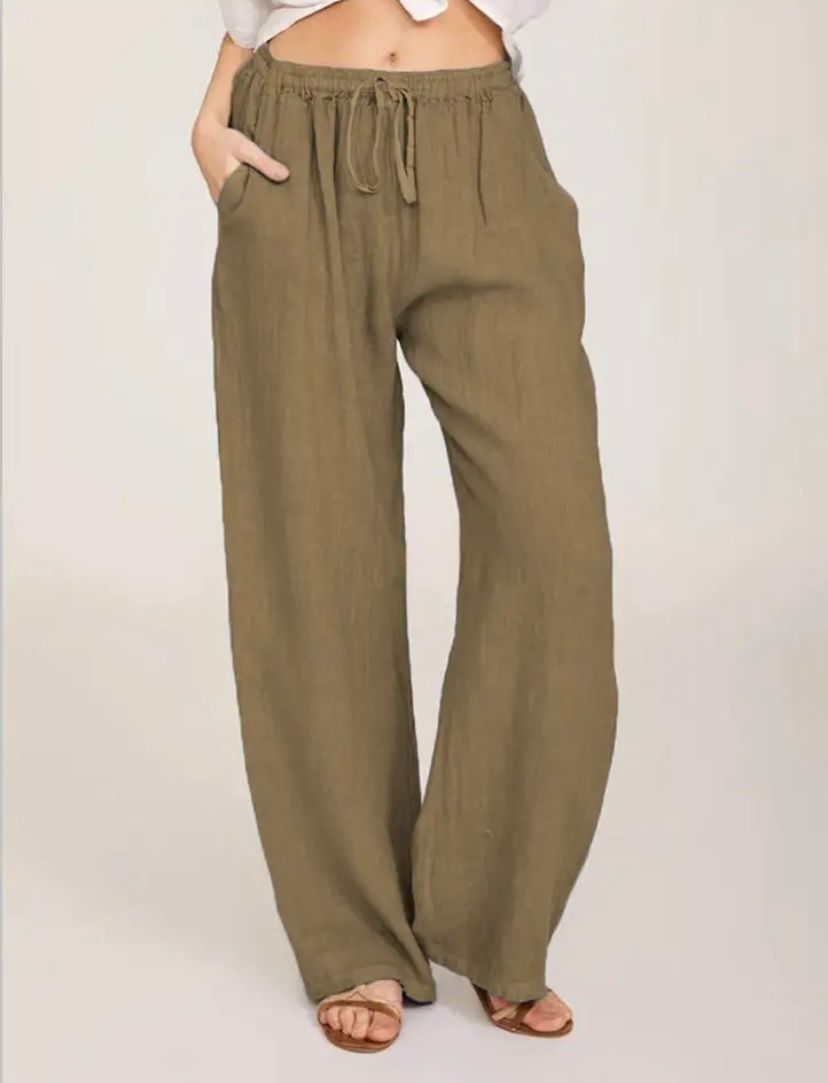 Drawstring Linen-Look Wide Trousers