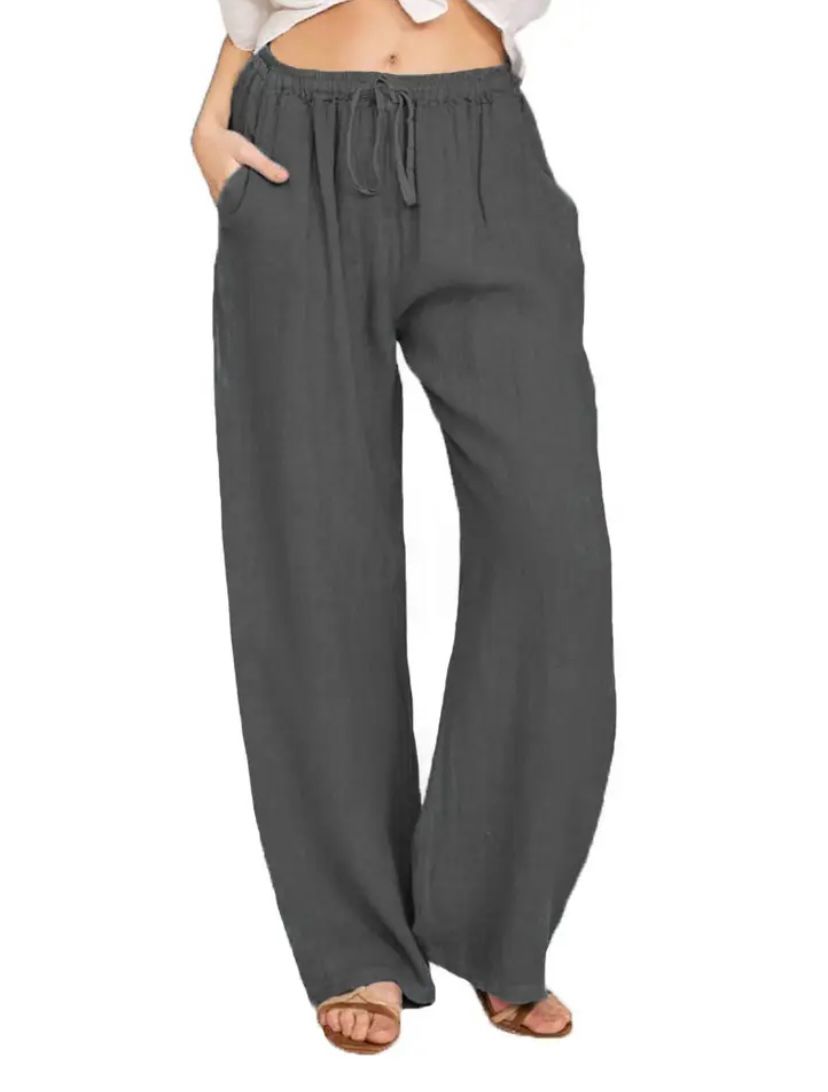Drawstring Linen-Look Wide Trousers