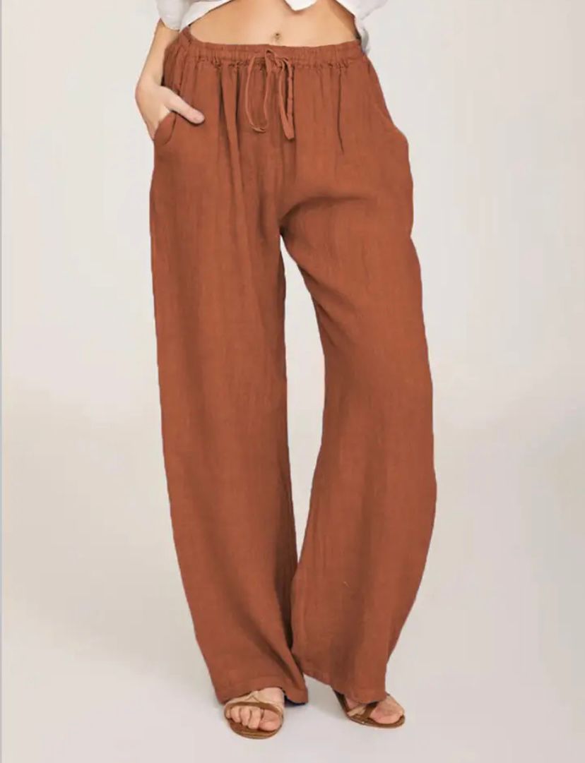 Drawstring Linen-Look Wide Trousers