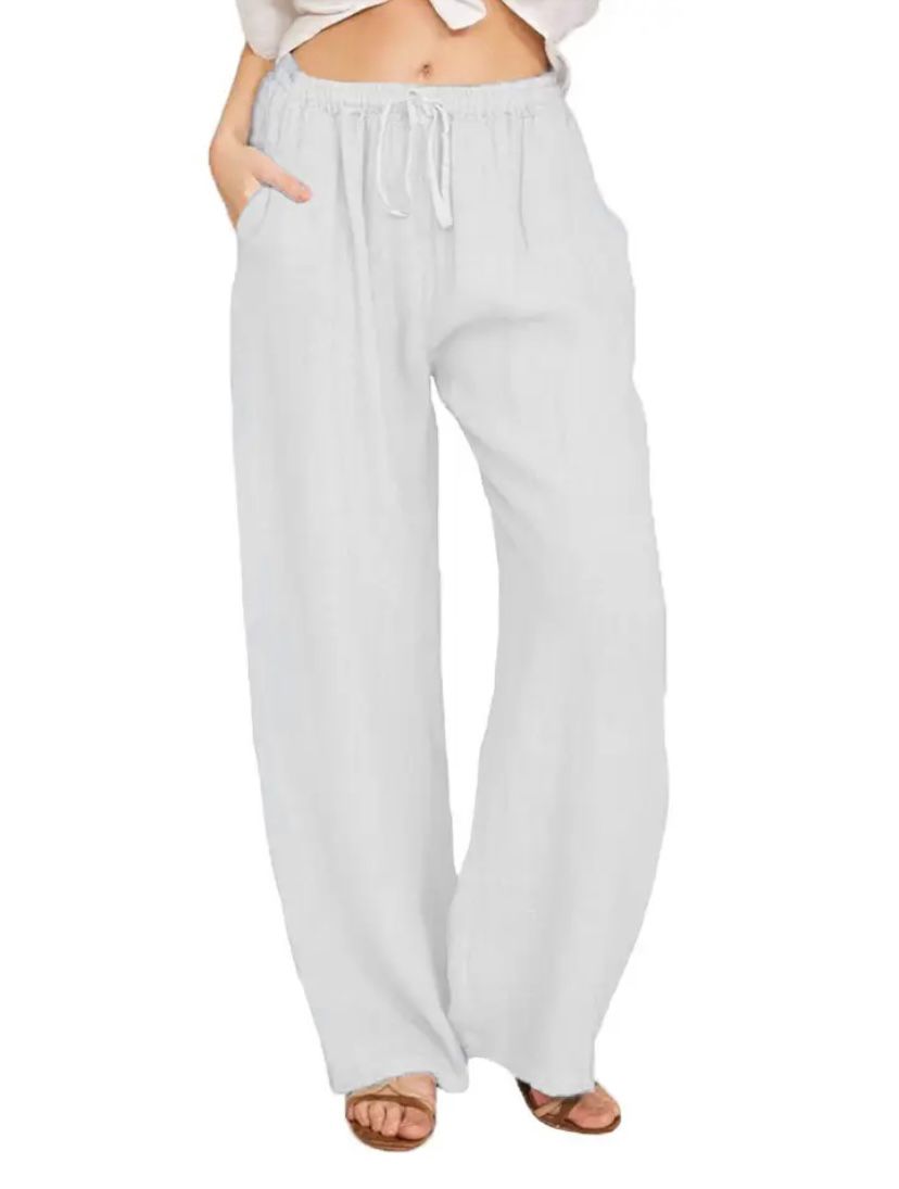 Drawstring Linen-Look Wide Trousers