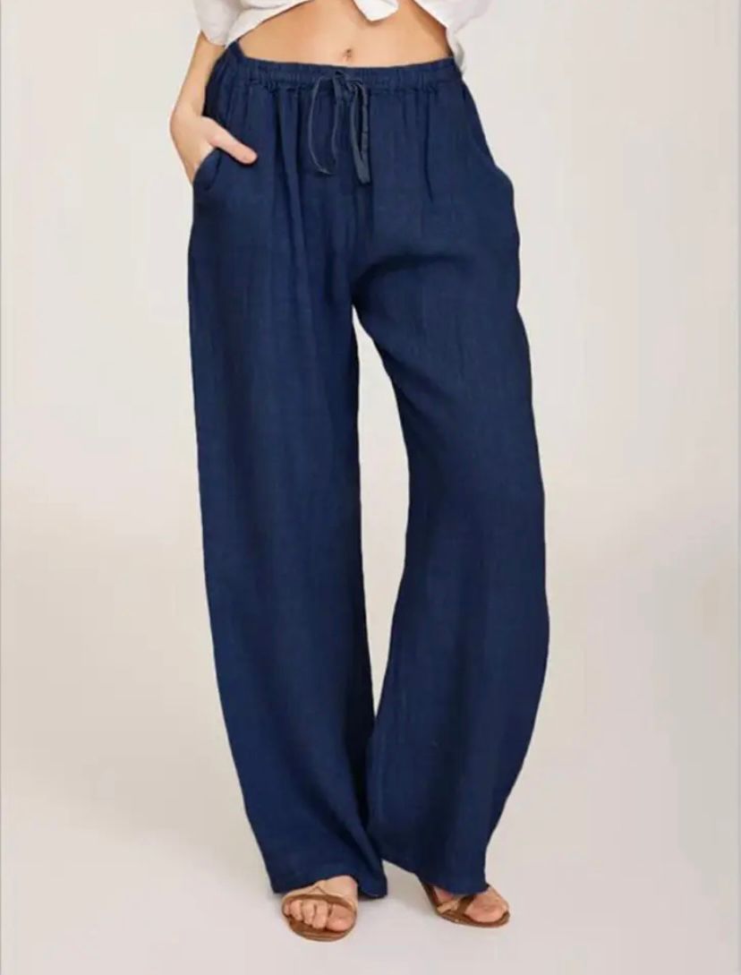 Drawstring Linen-Look Wide Trousers