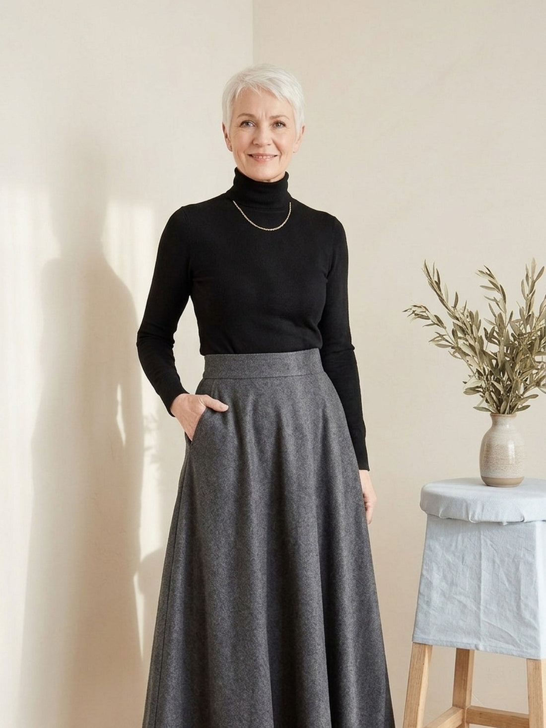 Woman in her sixties wearing the grey A-Line Wool-Look Maxi Skirt with a black turtleneck