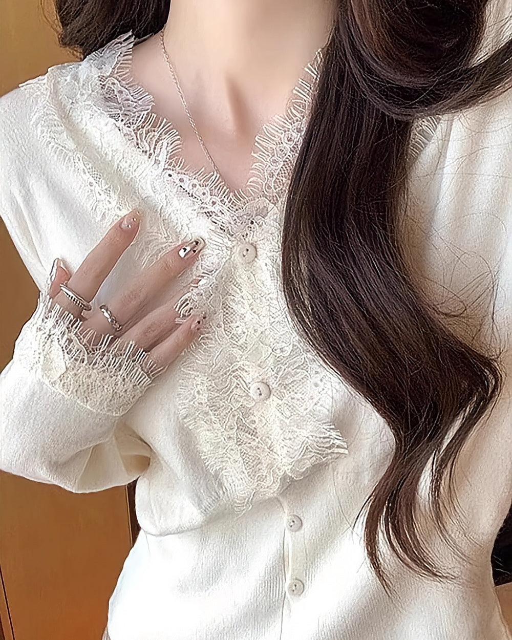 Lace-Trim V-Neck Knit Cardigan – Ivory