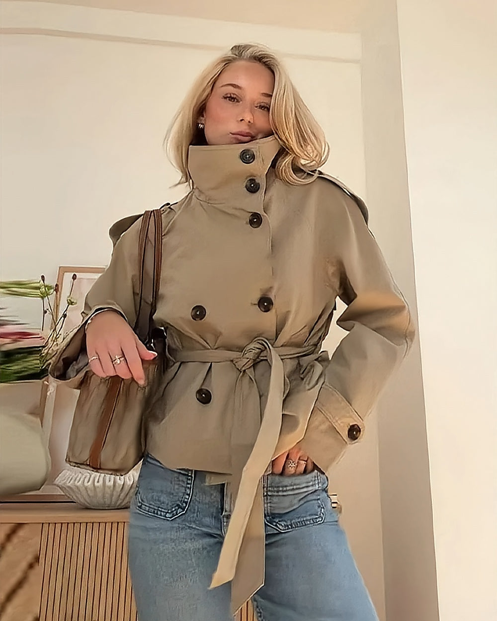 Belted Cropped Trench Jacket – Khaki