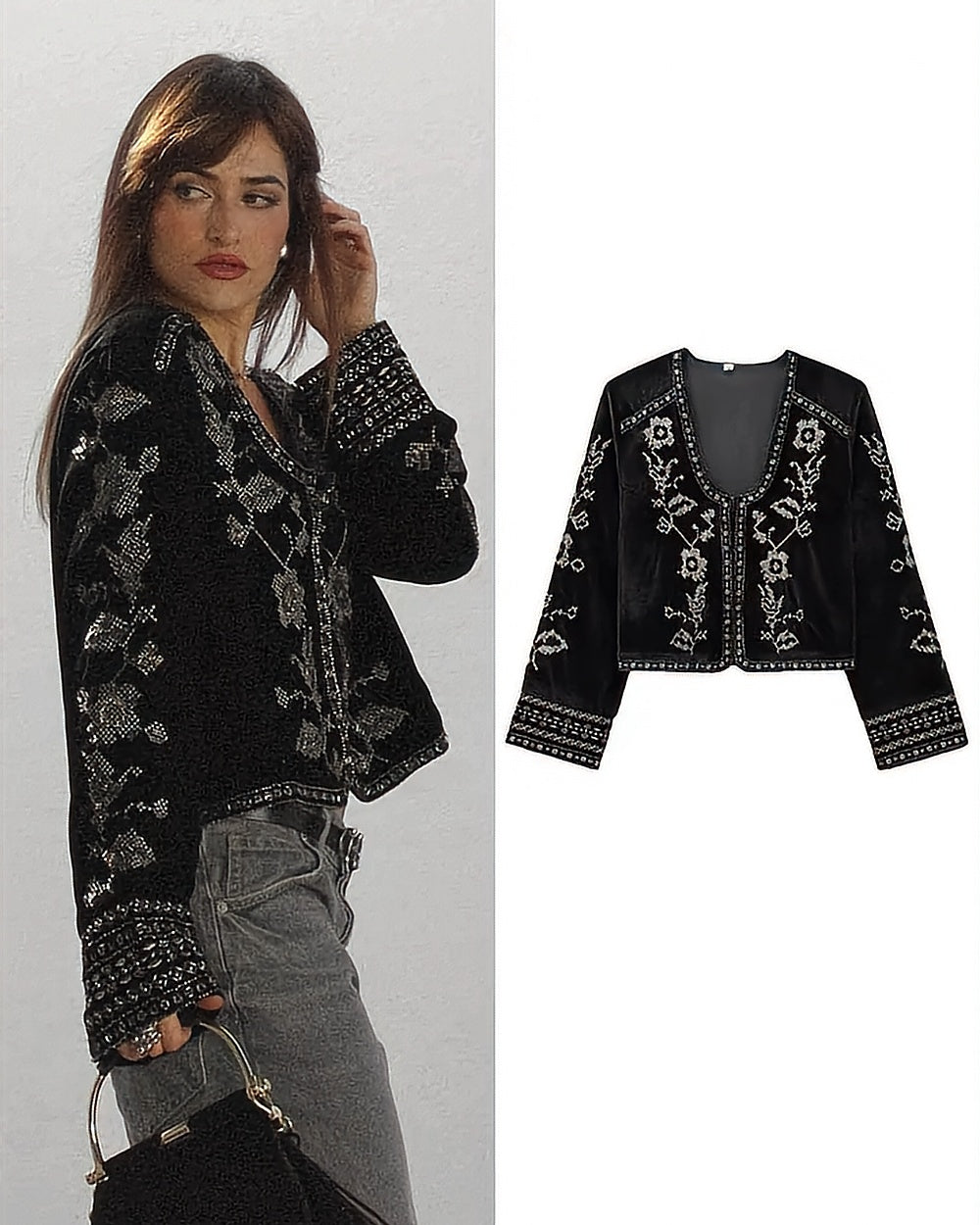 Embroidered Velvet Cropped Jacket – Black