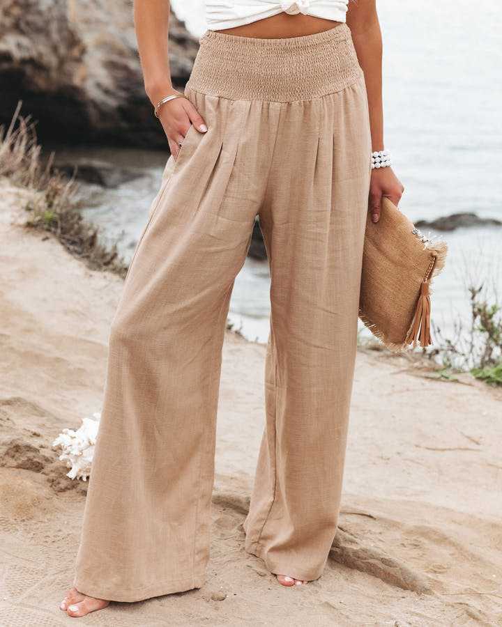 Smocked-Waist Wide-Leg Linen-Look Trousers
