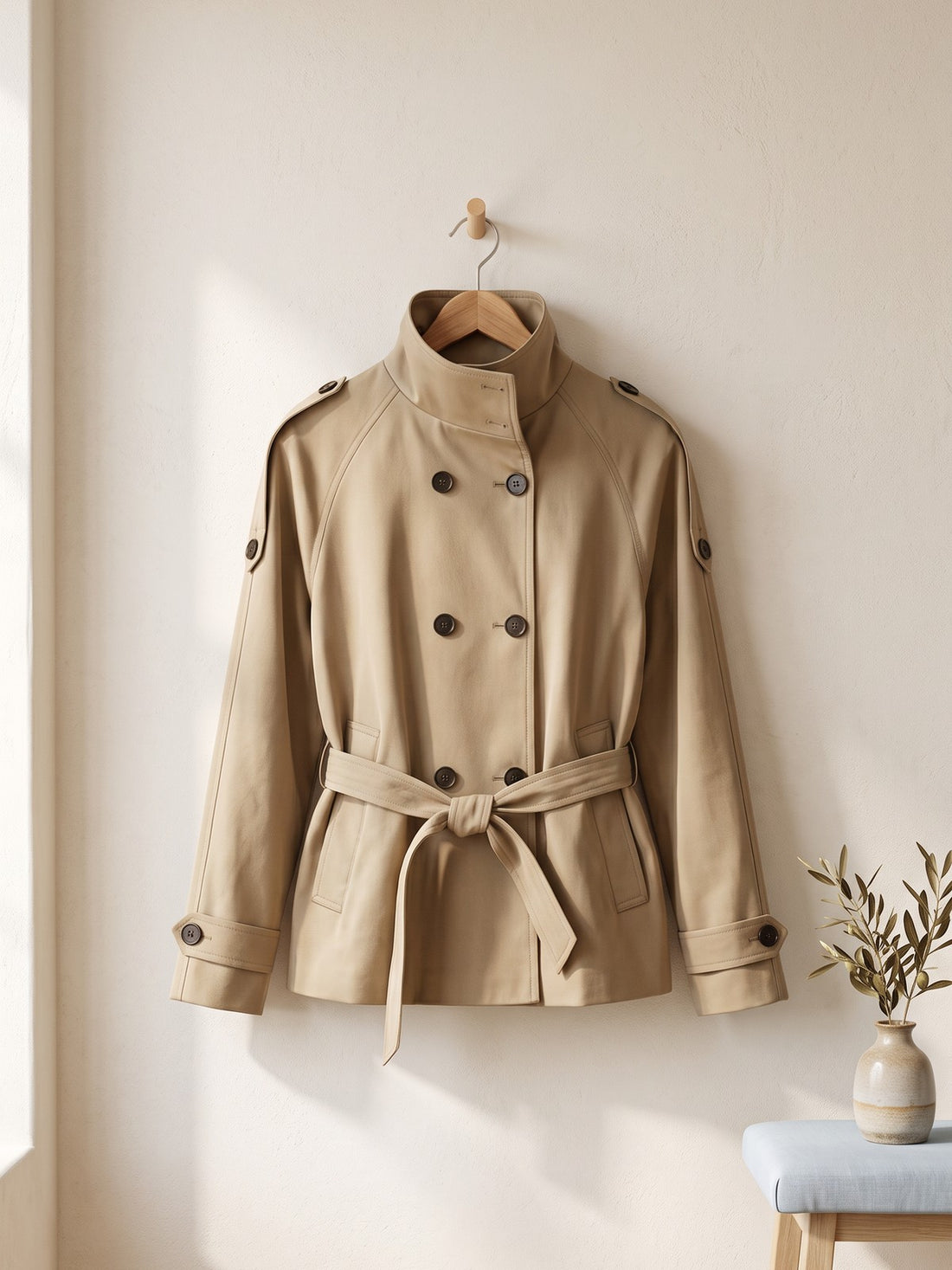 Belted Cropped Trench Jacket on a wooden hanger