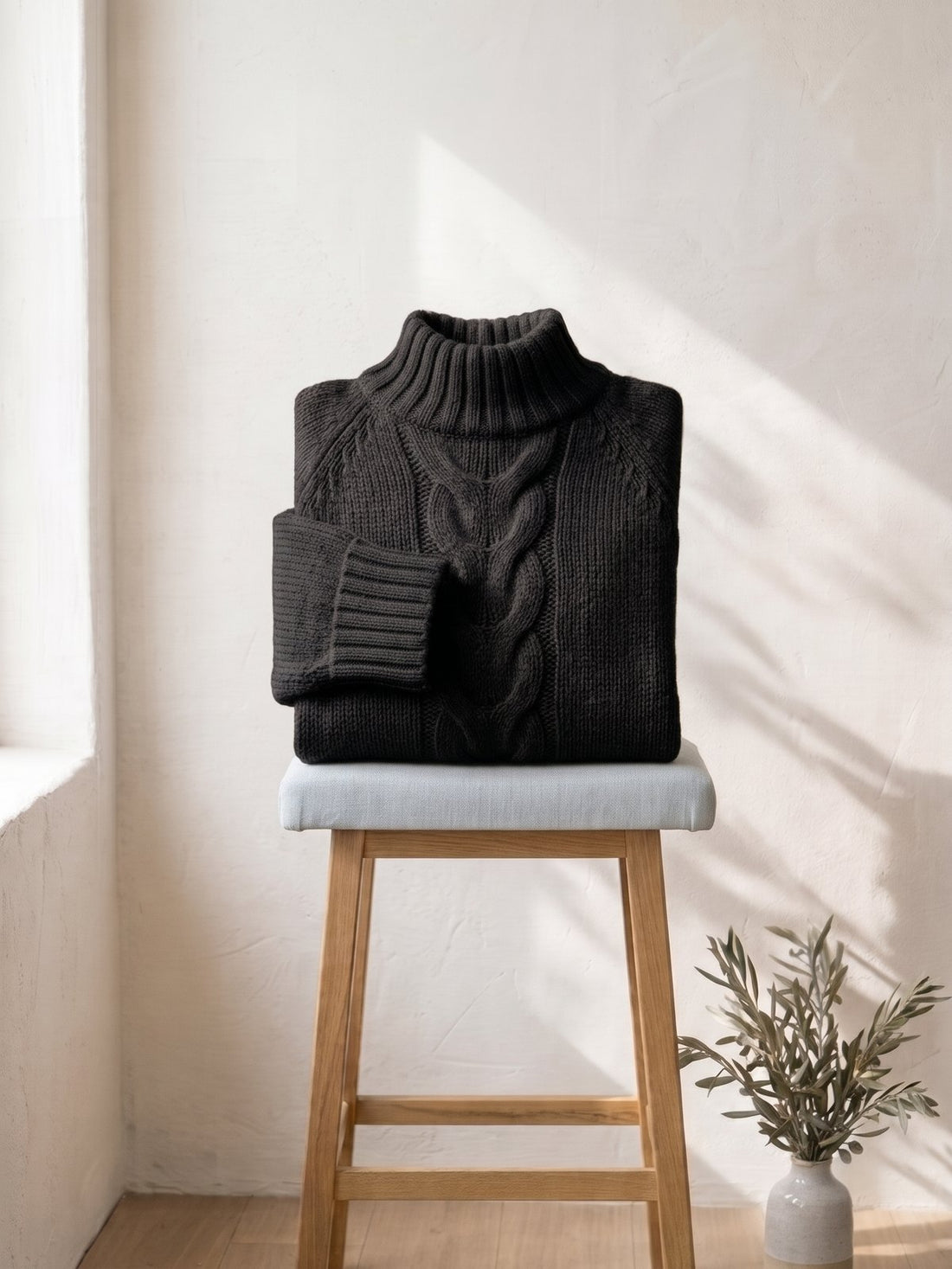 Cable-Knit Stand-Collar Jumper in Black