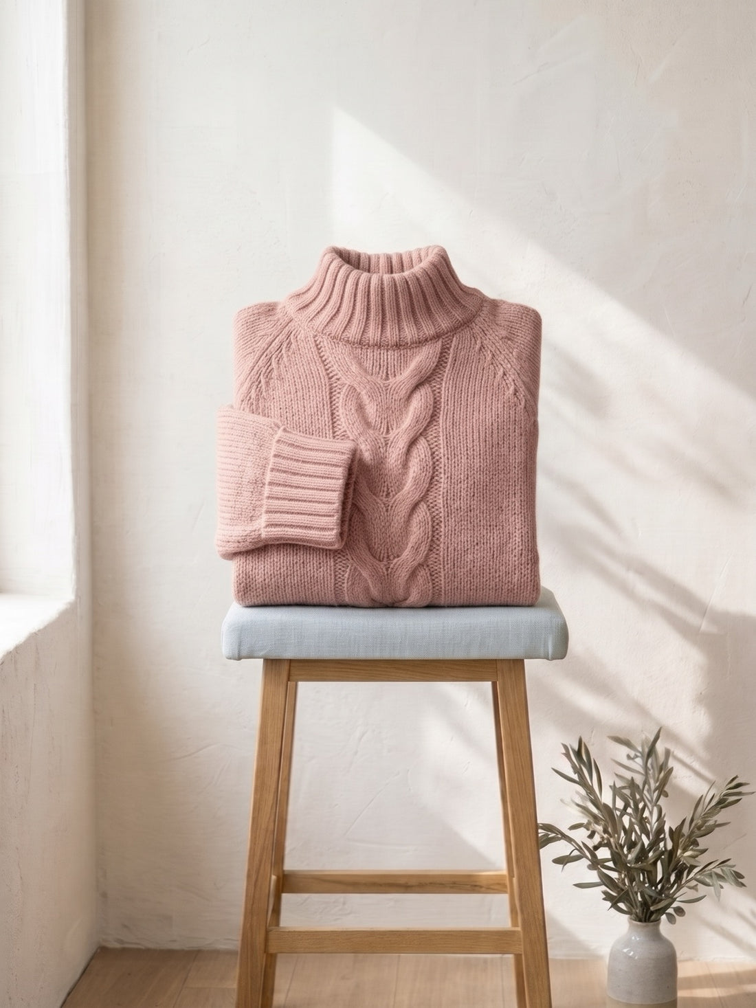 Cable-Knit Stand-Collar Jumper in Dusty Pink