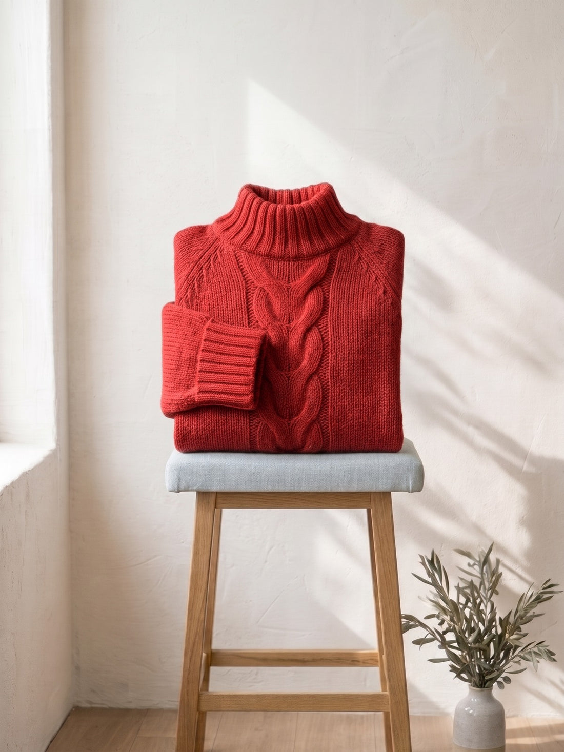 Cable-Knit Stand-Collar Jumper in Red