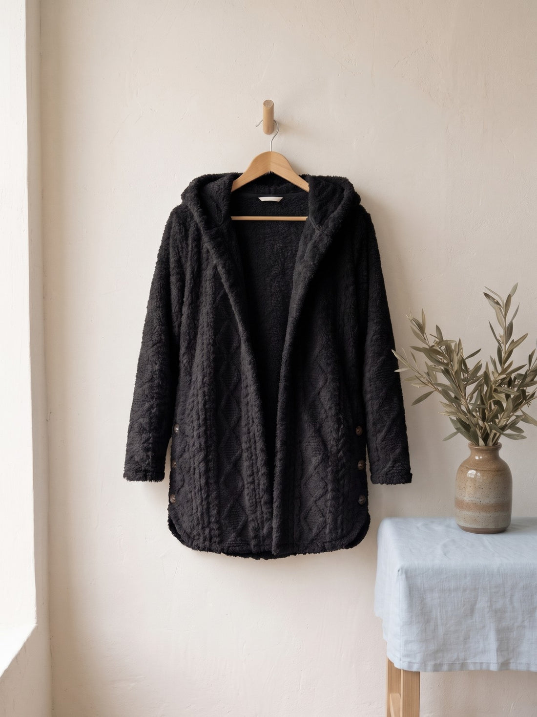 Cable-Texture Teddy Hooded Jacket in Black