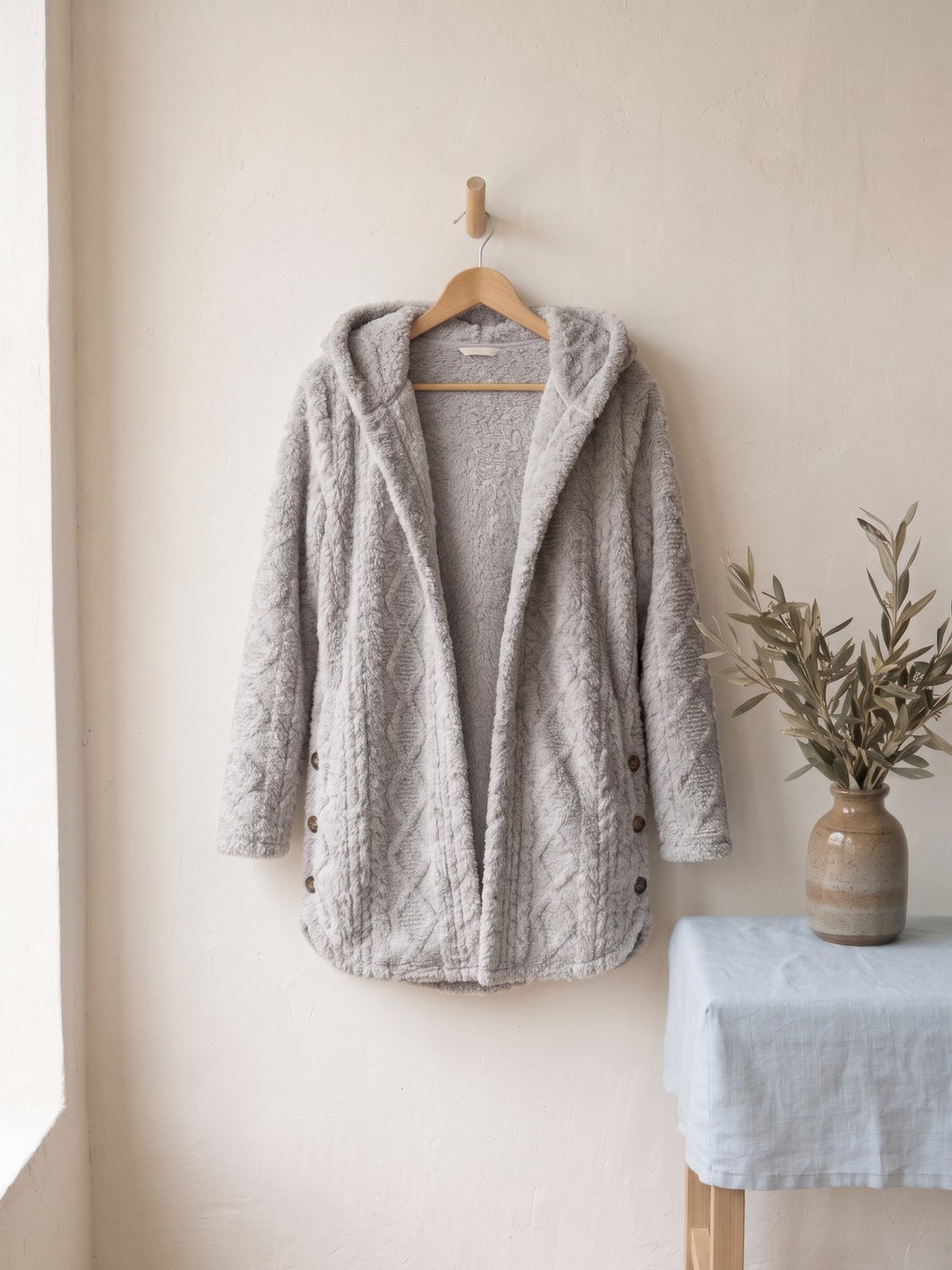 Cable-Texture Teddy Hooded Jacket in Grey