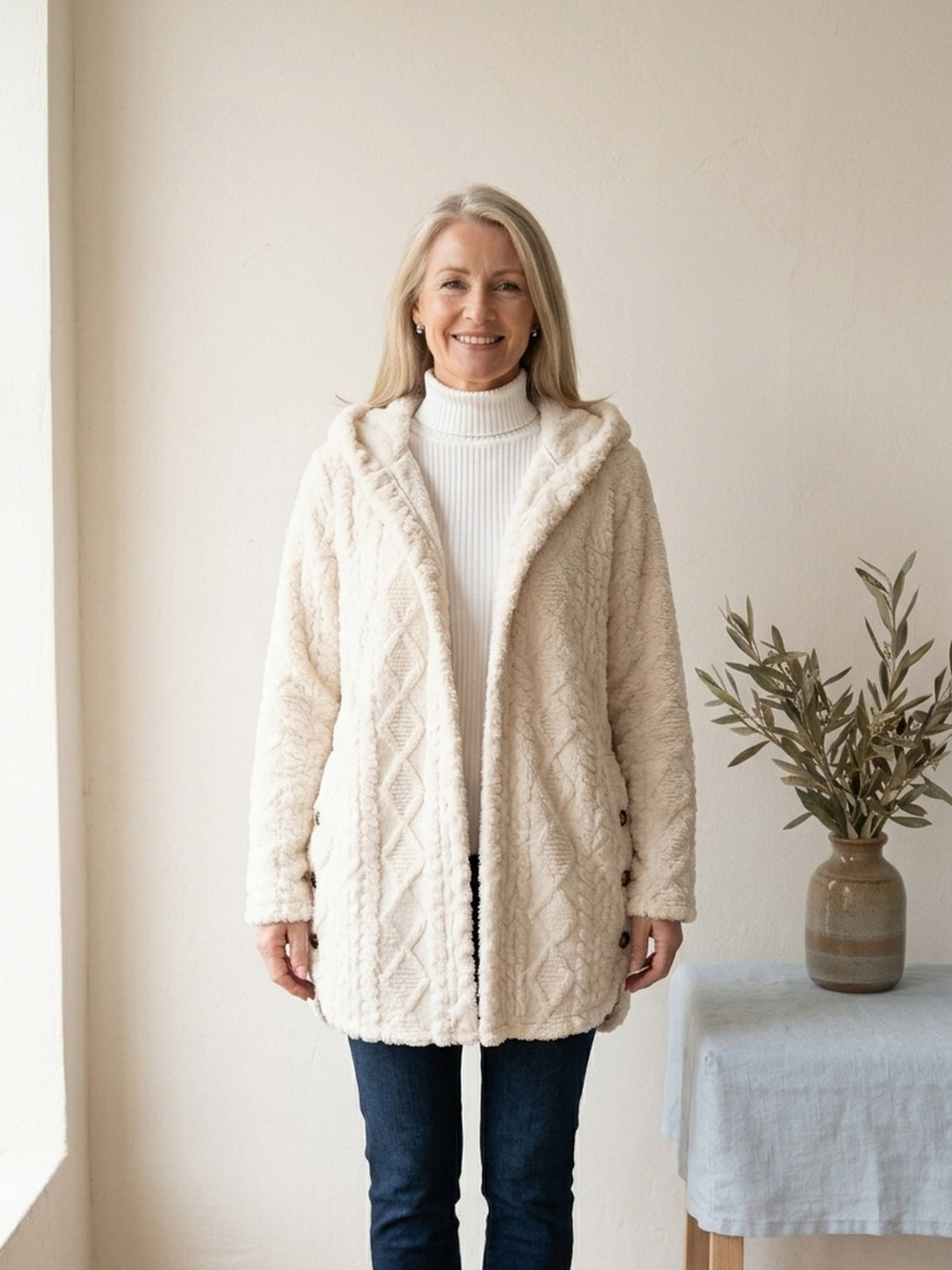 Woman in her fifties wearing the cream Cable-Texture Teddy Hooded Jacket