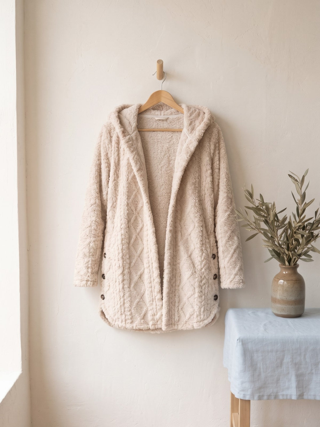 Cable-Texture Teddy Hooded Jacket in Oatmeal