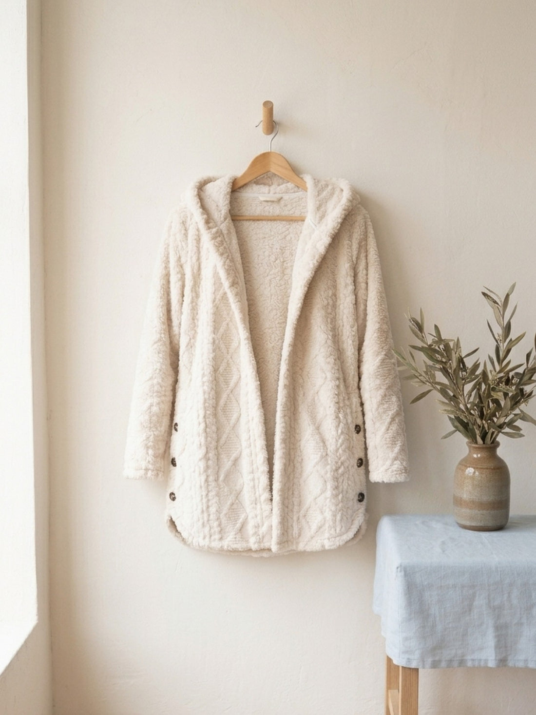 Cable-Texture Teddy Hooded Jacket on a wooden hanger