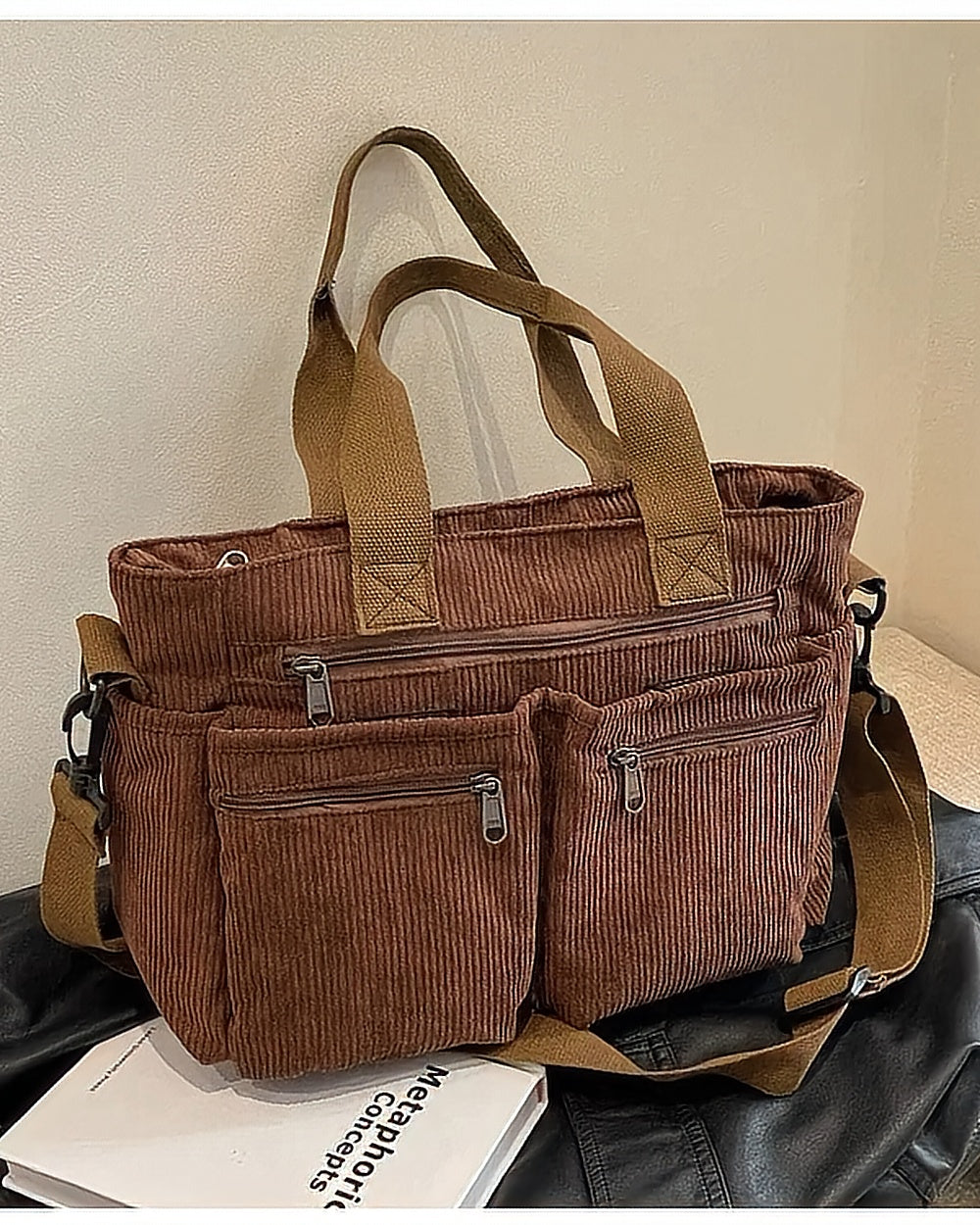 Corduroy Multi-Pocket Shoulder Bag – Brown