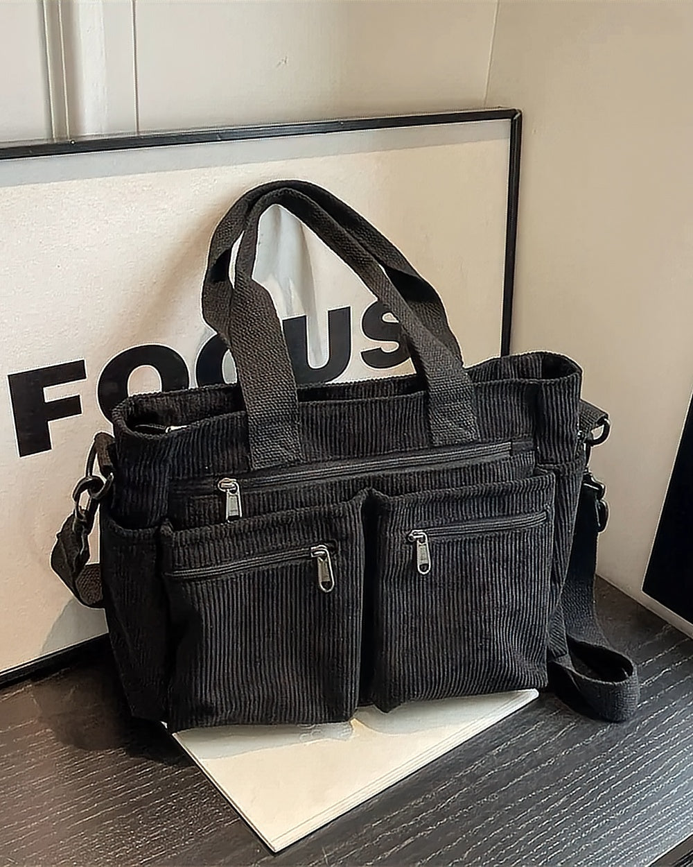 Corduroy Multi-Pocket Shoulder Bag – Black