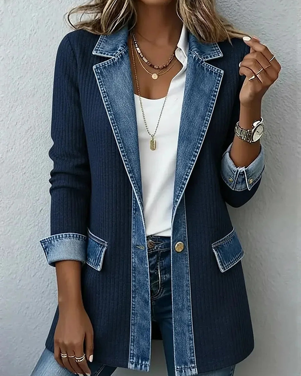 Rib-Knit Denim-Trim Jacket – Navy