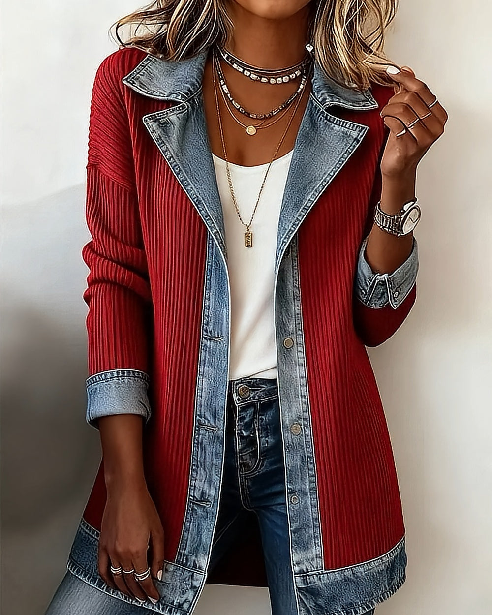 Rib-Knit Denim-Trim Jacket – Red
