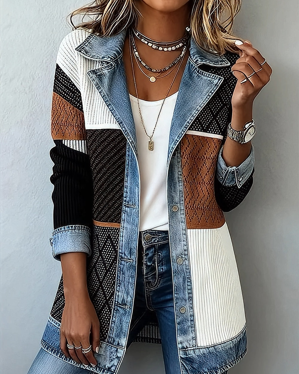 Rib-Knit Denim-Trim Jacket – Colour Block