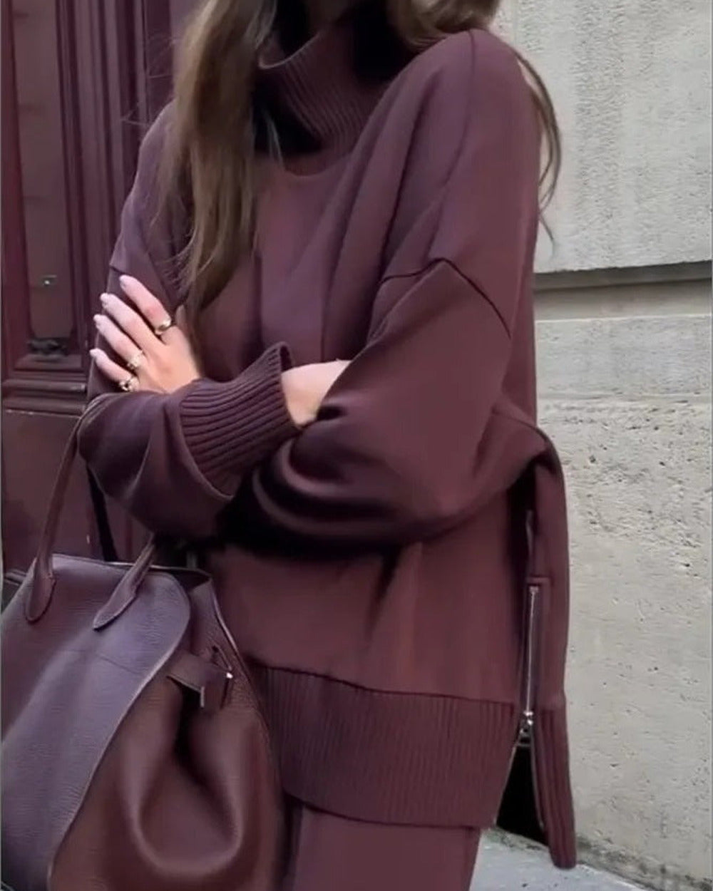 Roll-Neck Knit Co-ord Set – Burgundy
