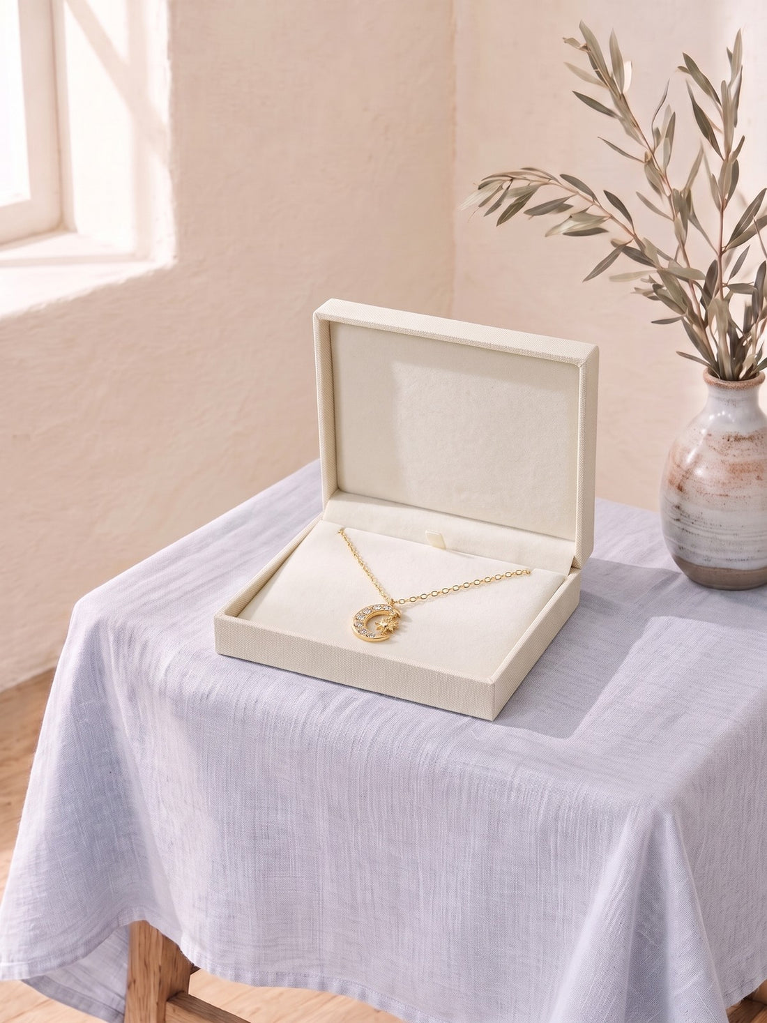 Gold Moon Star Necklace in an open jewellery box