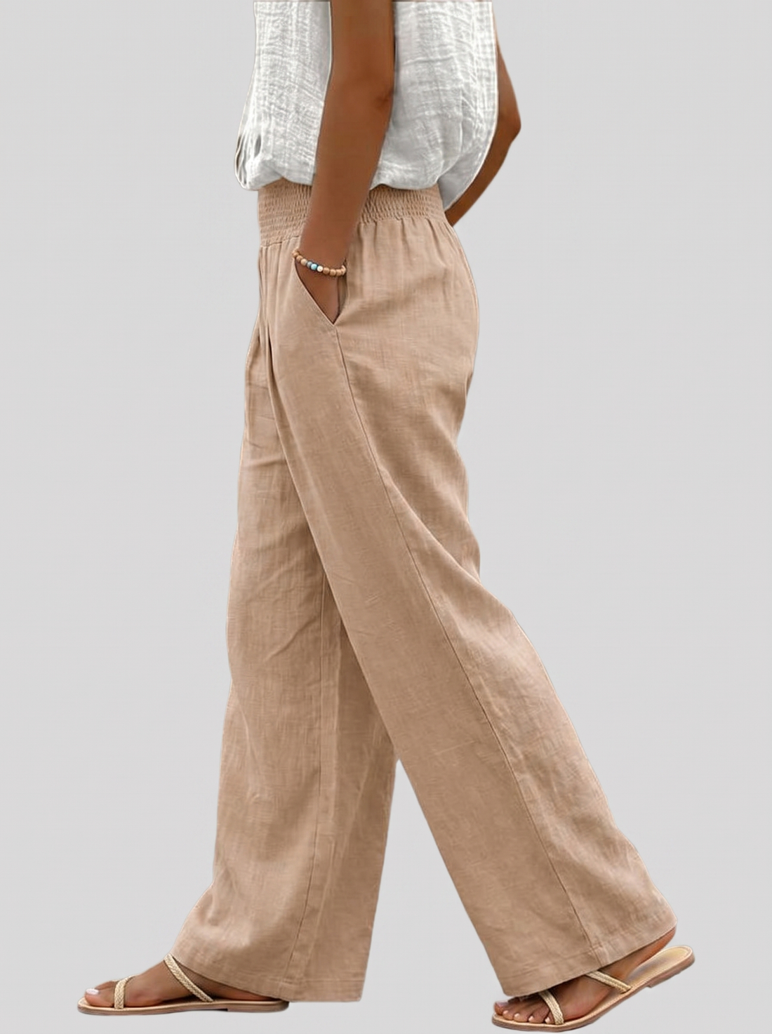 Smocked-Waist Wide-Leg Linen-Look Trousers