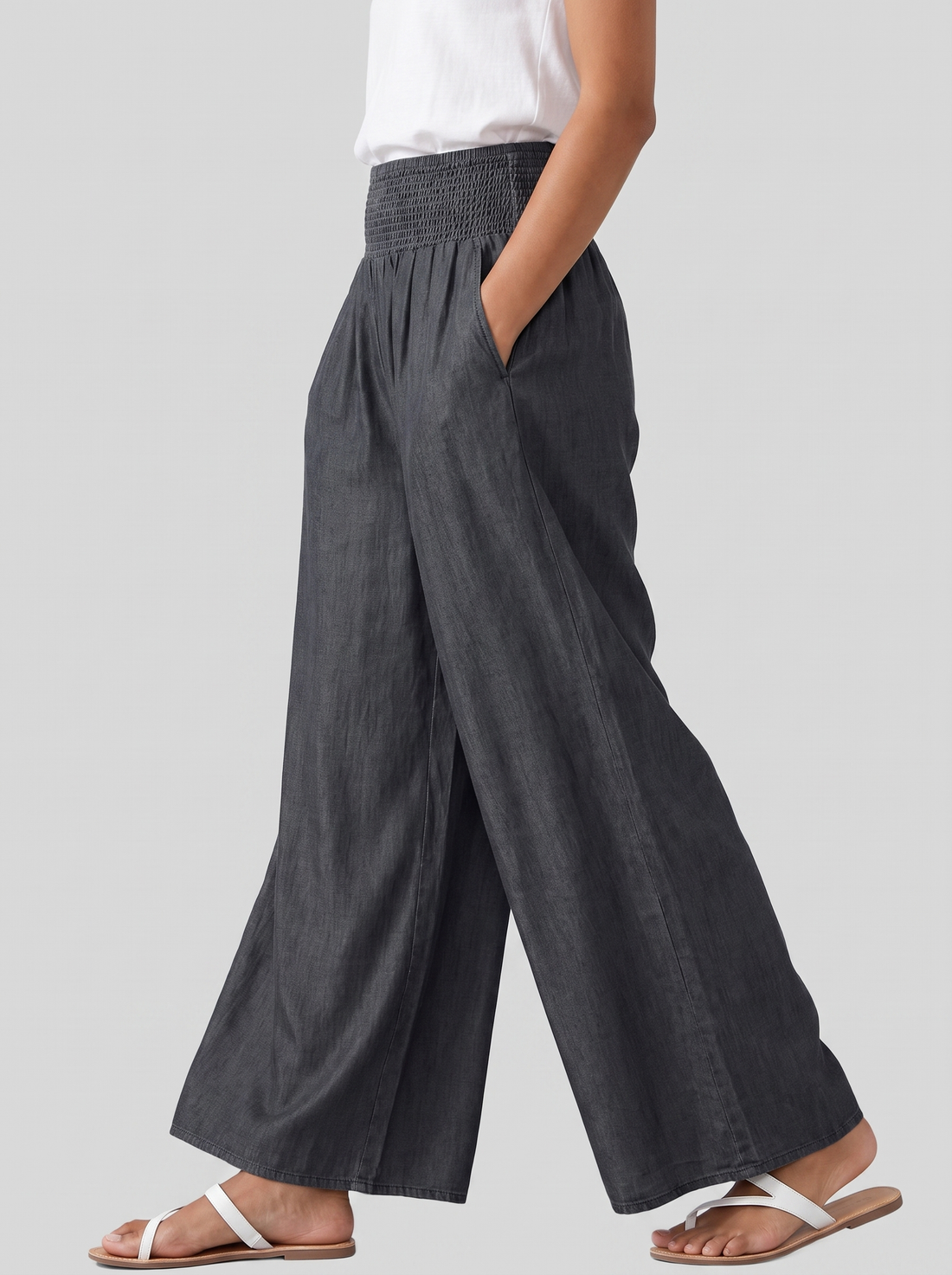 Smocked-Waist Palazzo Trousers